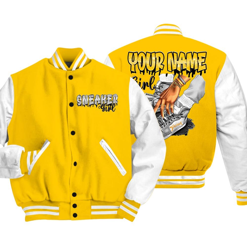 Varsity Jacket To Match Varsity Streetwear Custom Name Sneaker Girl Money, Vivid Sulfur 4s T-Shirt, Sneaker Vivid Sulfur 4s Baseball Varsity Jacket 1604 NCT