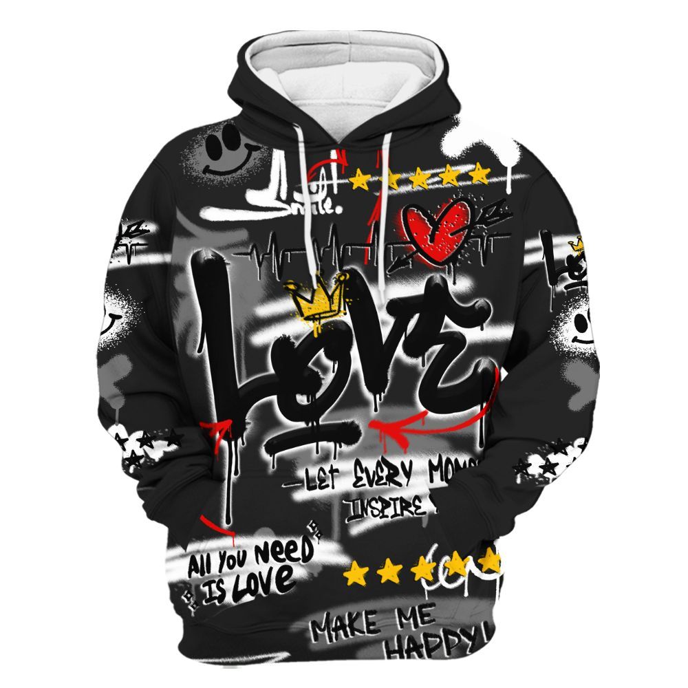 Hoodie To Match Black Cat NET 4s - Happy Love Beats Graffiti Streetwear All Over Print