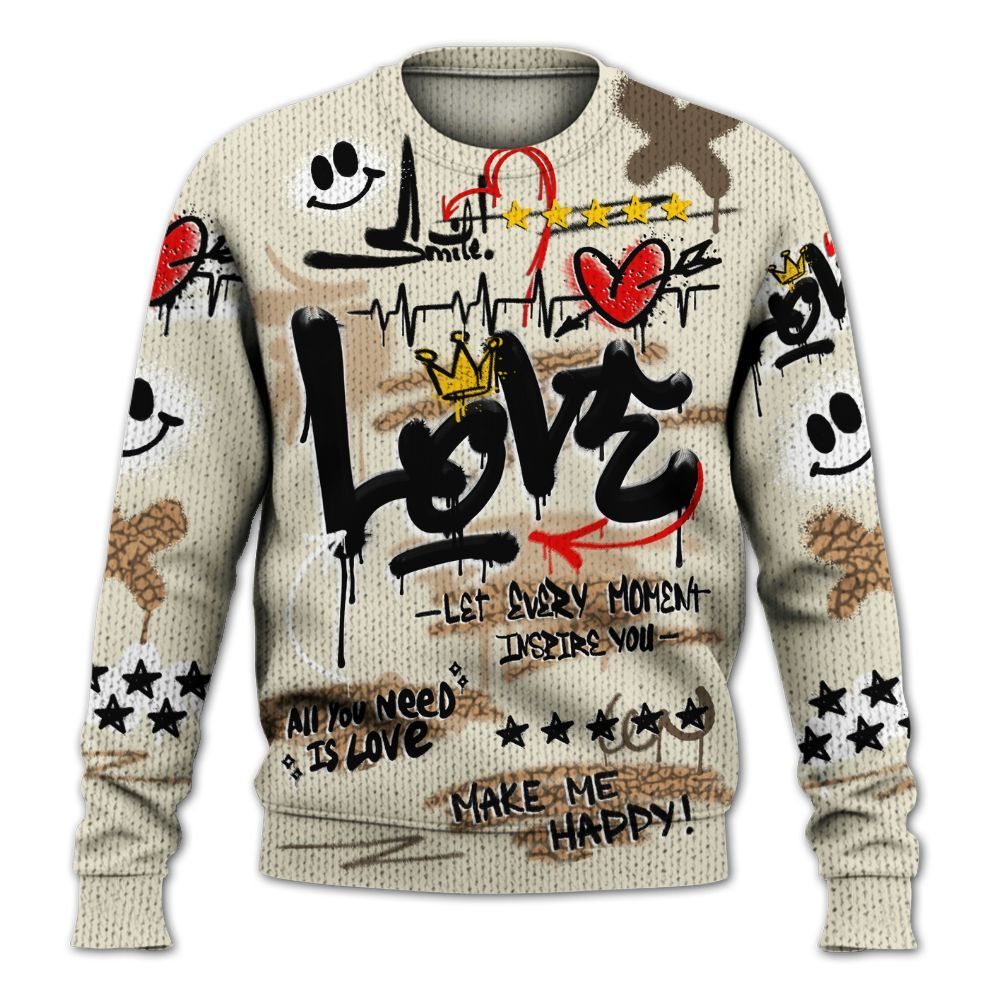 Knitted Sweater To Match Orewood Brown 3s - Happy Love Beats Graffiti Streetwear