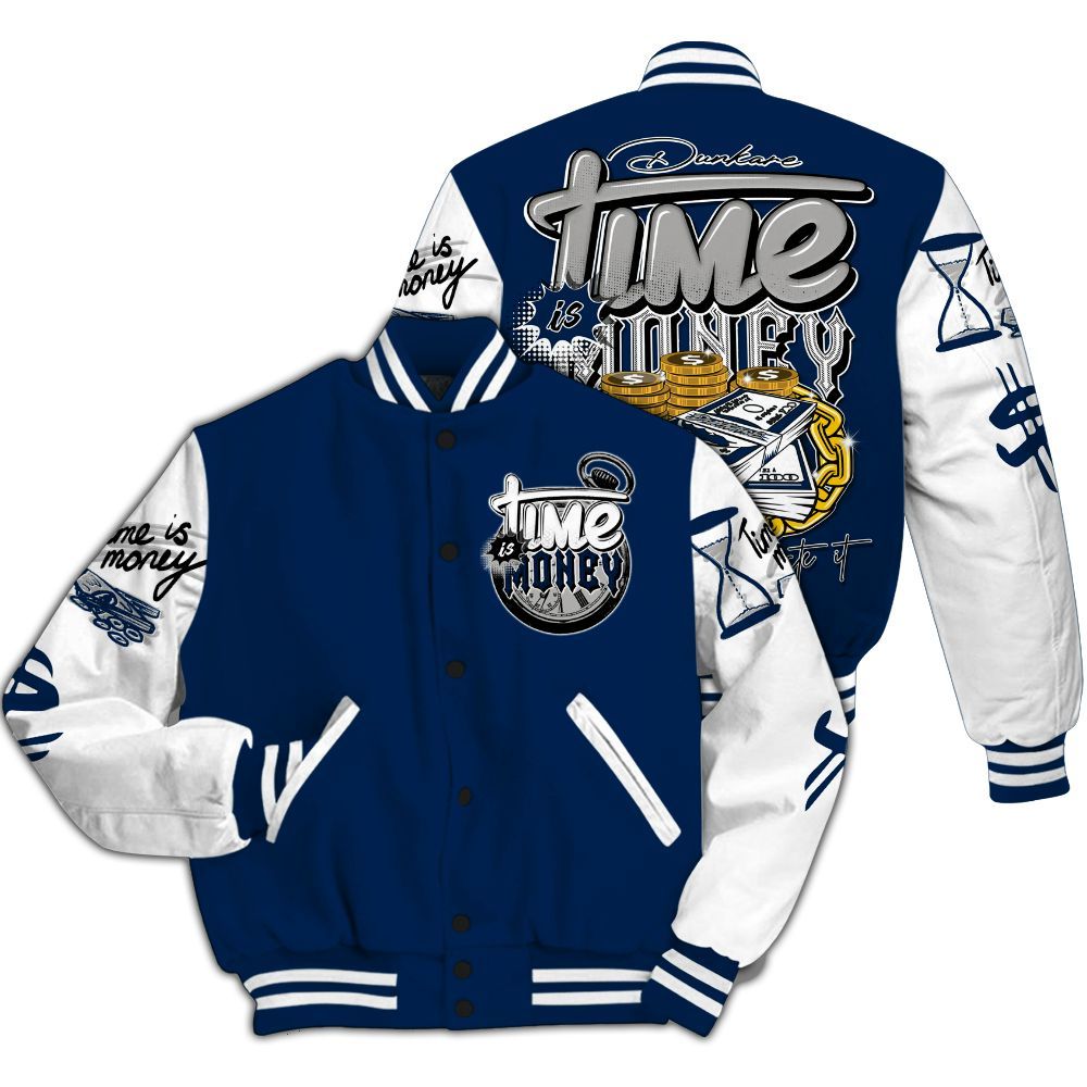 Varsity Jacket To Match SB White Navy 4s - Time Is Money All Over Print