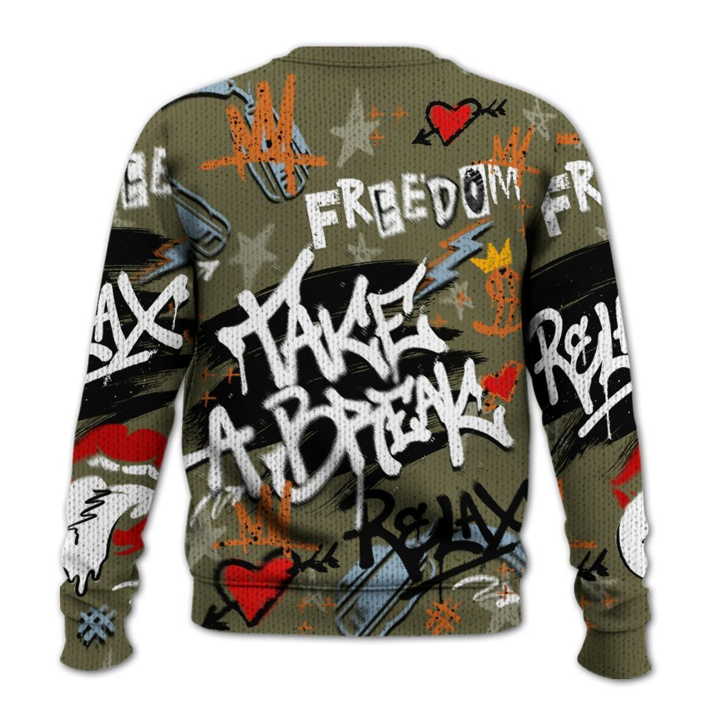 Knitted Sweater To Match Olive 5s - Take Break Freedom Graffiti Streetwear