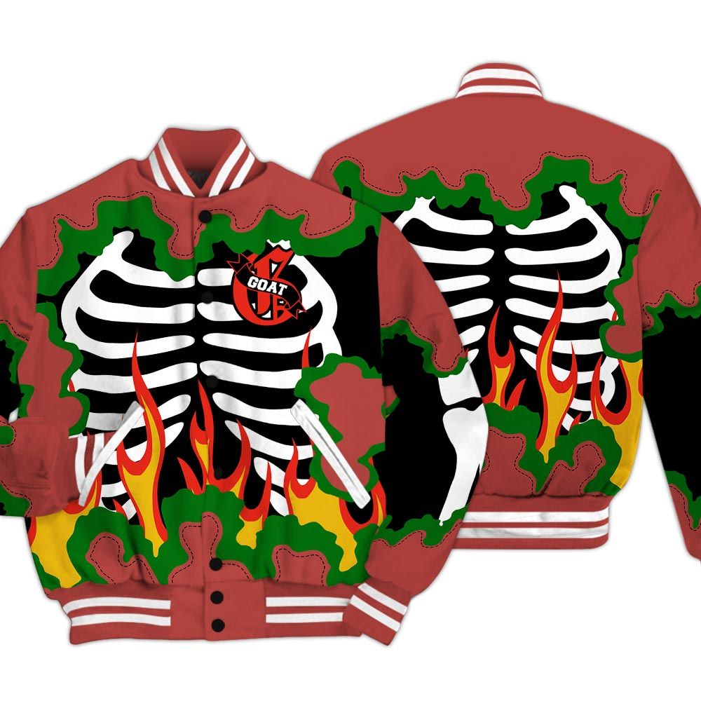 Varsity Jacket To Match Dune Red 13s - G.O.A.T 23 Skeleton Flame Baseball Varsity Jacket Outfit