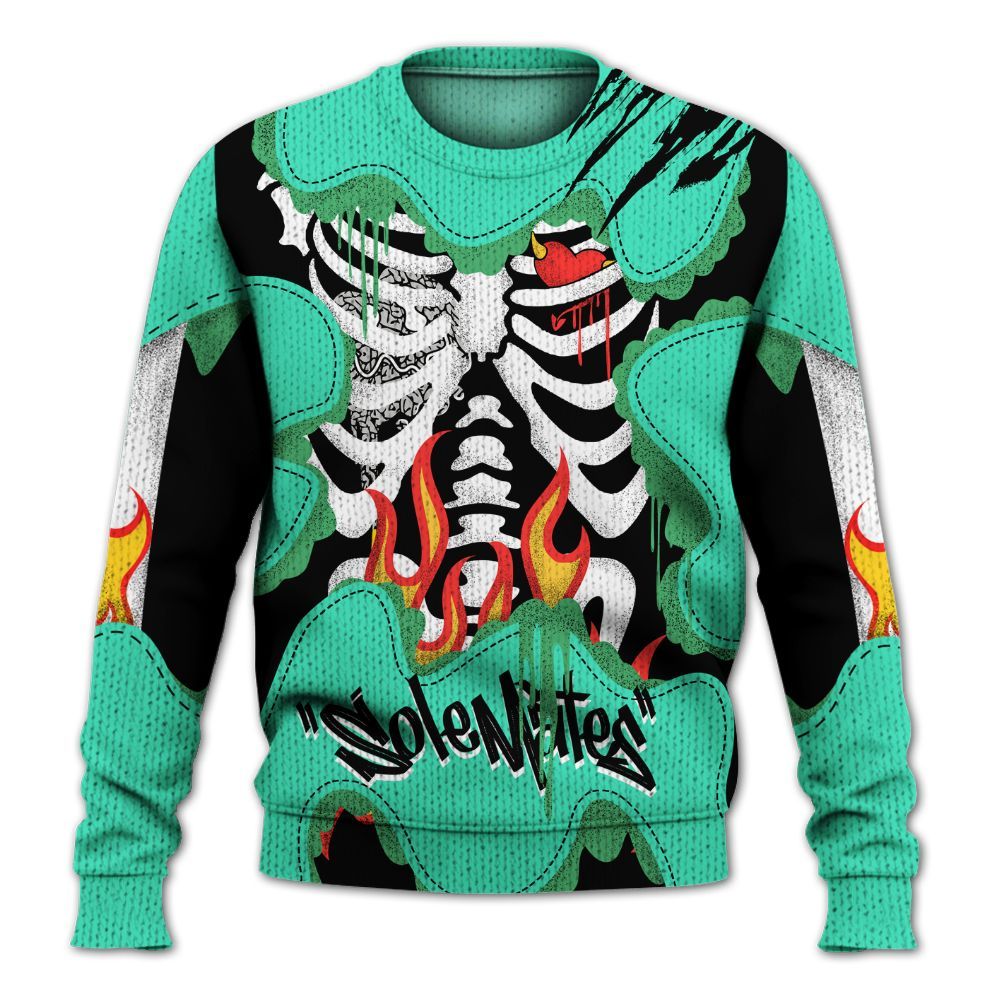 Knitted Sweater To Match Black Green Glow 3s - Skeleton Burning Heart Drip Green Glow 3s