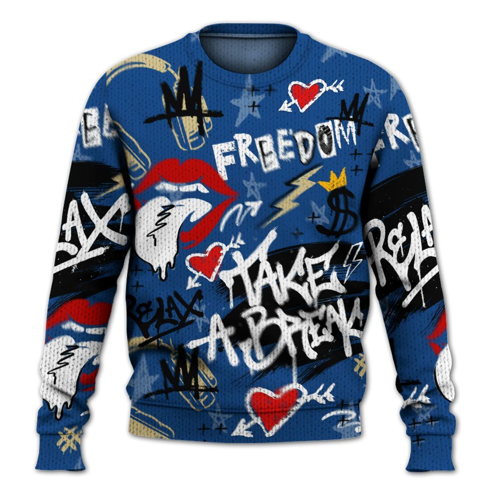 Knitted Sweater To Match Air Ship Royal Blue - Take Break Freedom Graffiti Streetwear