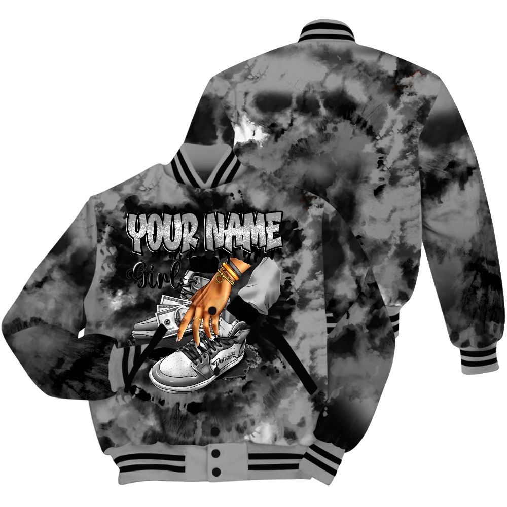 Varsity Jacket To Match Black Wolf Grey 12s - Custom Name SNEAKER Girl Money Drip Tie Dye All Over Print