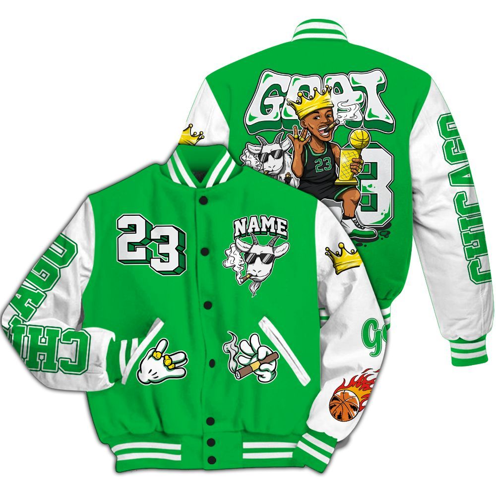 Varsity Jacket To Match Lucky Green 5s - G.O.A.T Number 23 Custom Name All Over Print