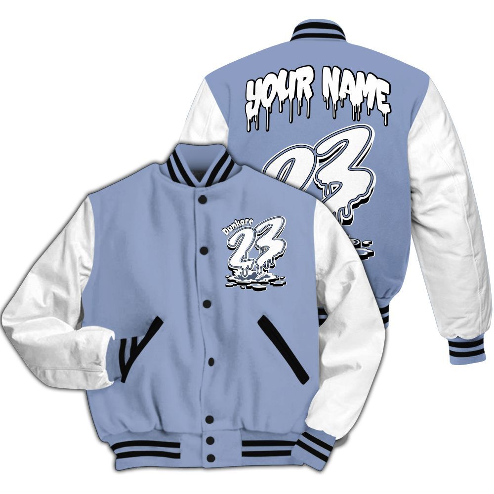 Varsity Jacket To Match Blue Grey 13s - Custom Name 23 Drip All Over Print