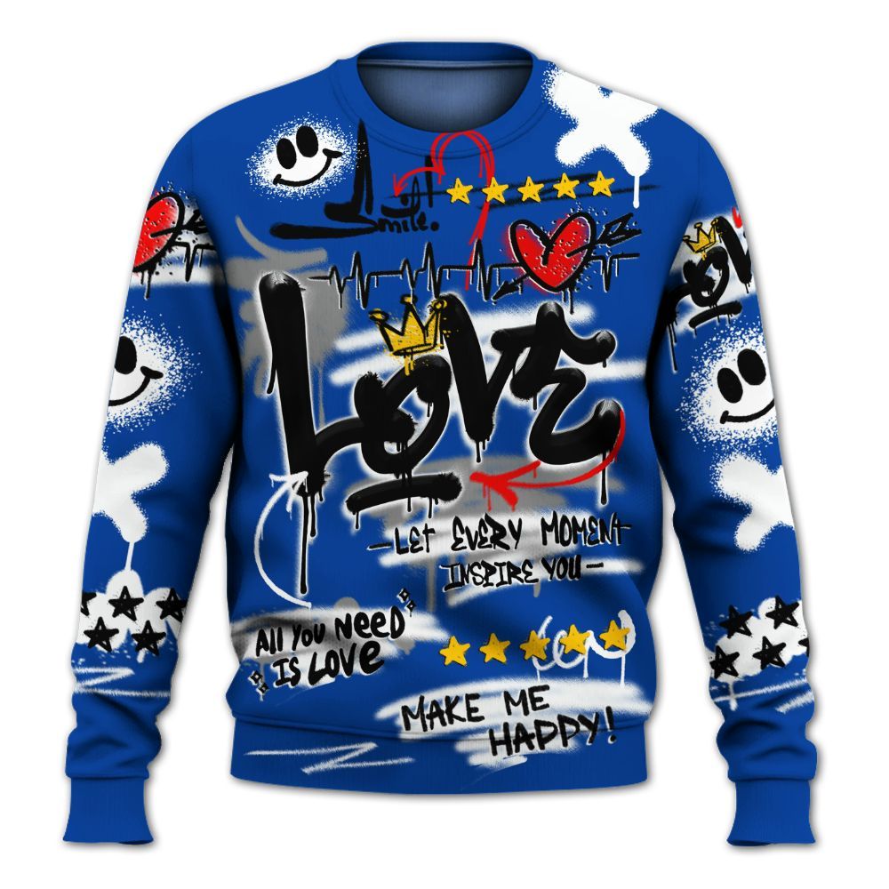 Sweatshirt To Match Hyper Royal 12s - Happy Love Beats Graffiti Streetwear All Over Print