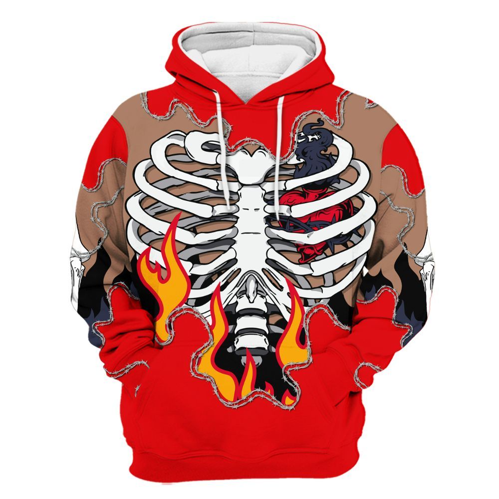 Hoodie To Match Low OG Howard University 1s - Skeleton Heart On Fire All Over Print