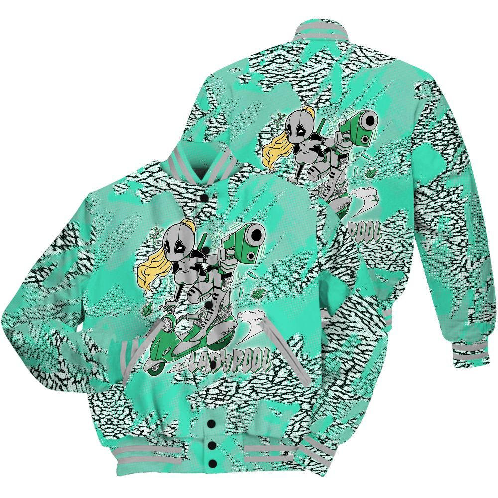 Varsity Jacket To Match Black Green Glow 3s Shirt - Lady Pool Cartoon Abstract Halftone All Over Print