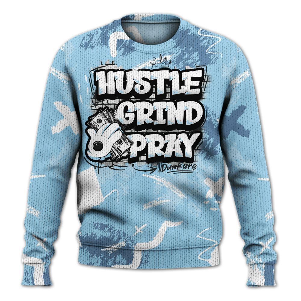 Knitted Sweater To Match Legend Blue 11s - Hustle Grind Pray Graphic Street Style