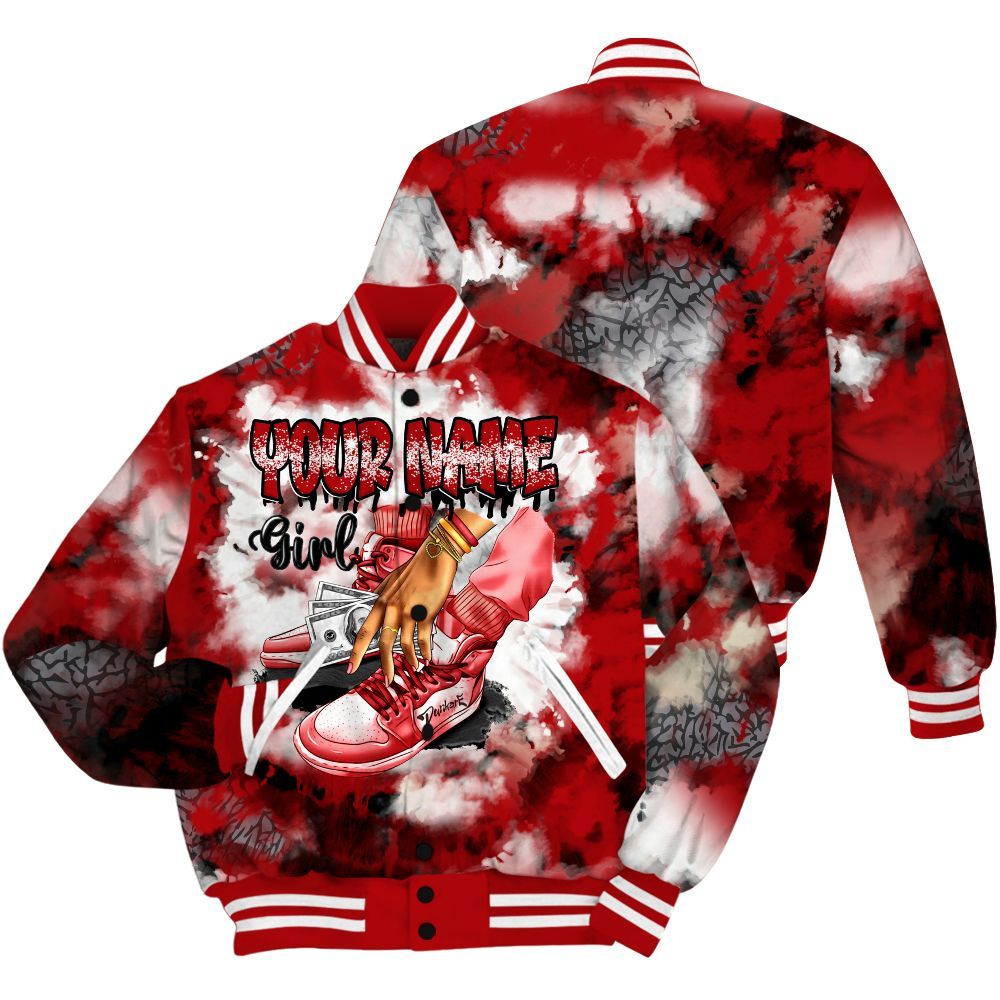 Varsity Jacket To Match Cement Grey 3s - Custom Name SNEAKER Girl Money Drip Tie Dye All Over Print