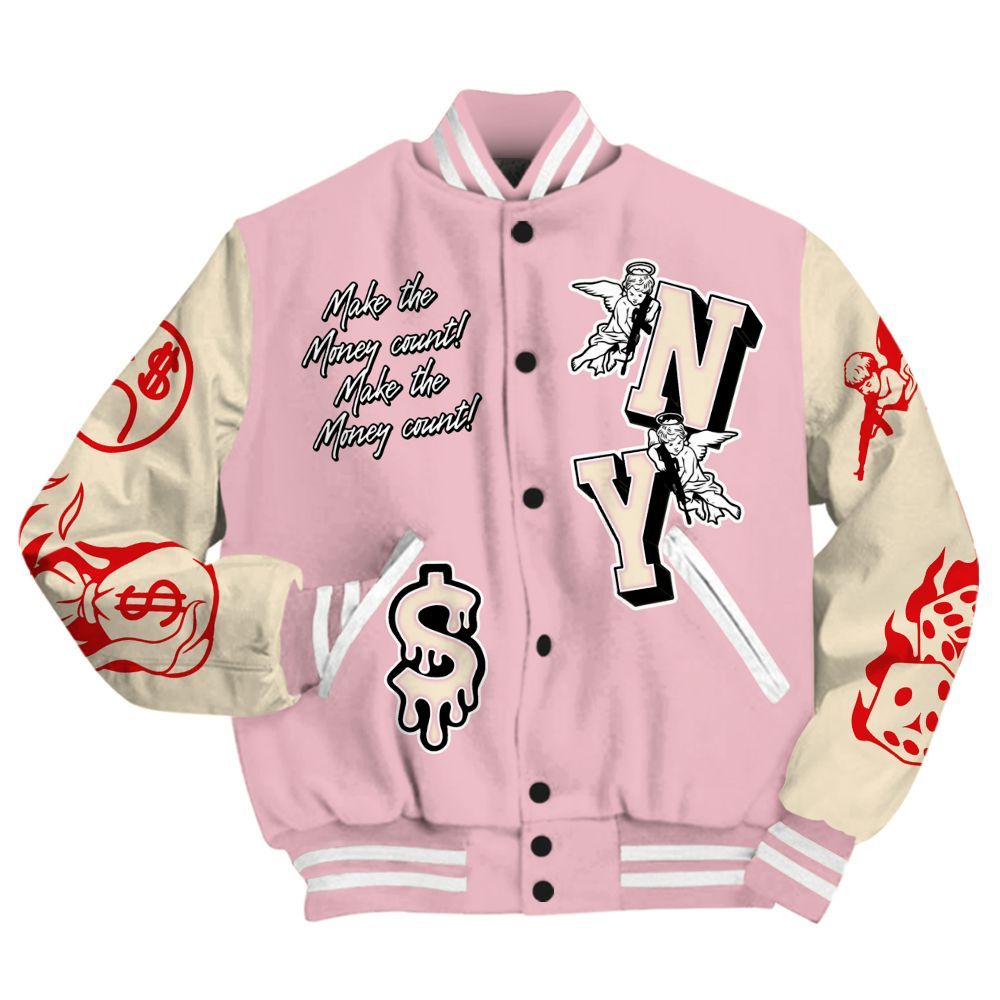 Varsity Jacket To Match Low OG Shy Pink 1s - Paid In Full Money Graphic Varsity Jacket All Over Print