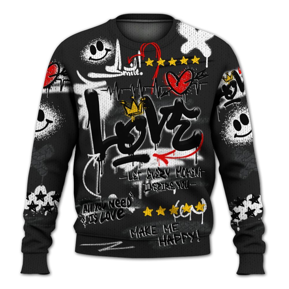 Knitted Sweater To Match Black Cat 3s - Happy Love Beats Graffiti Streetwear