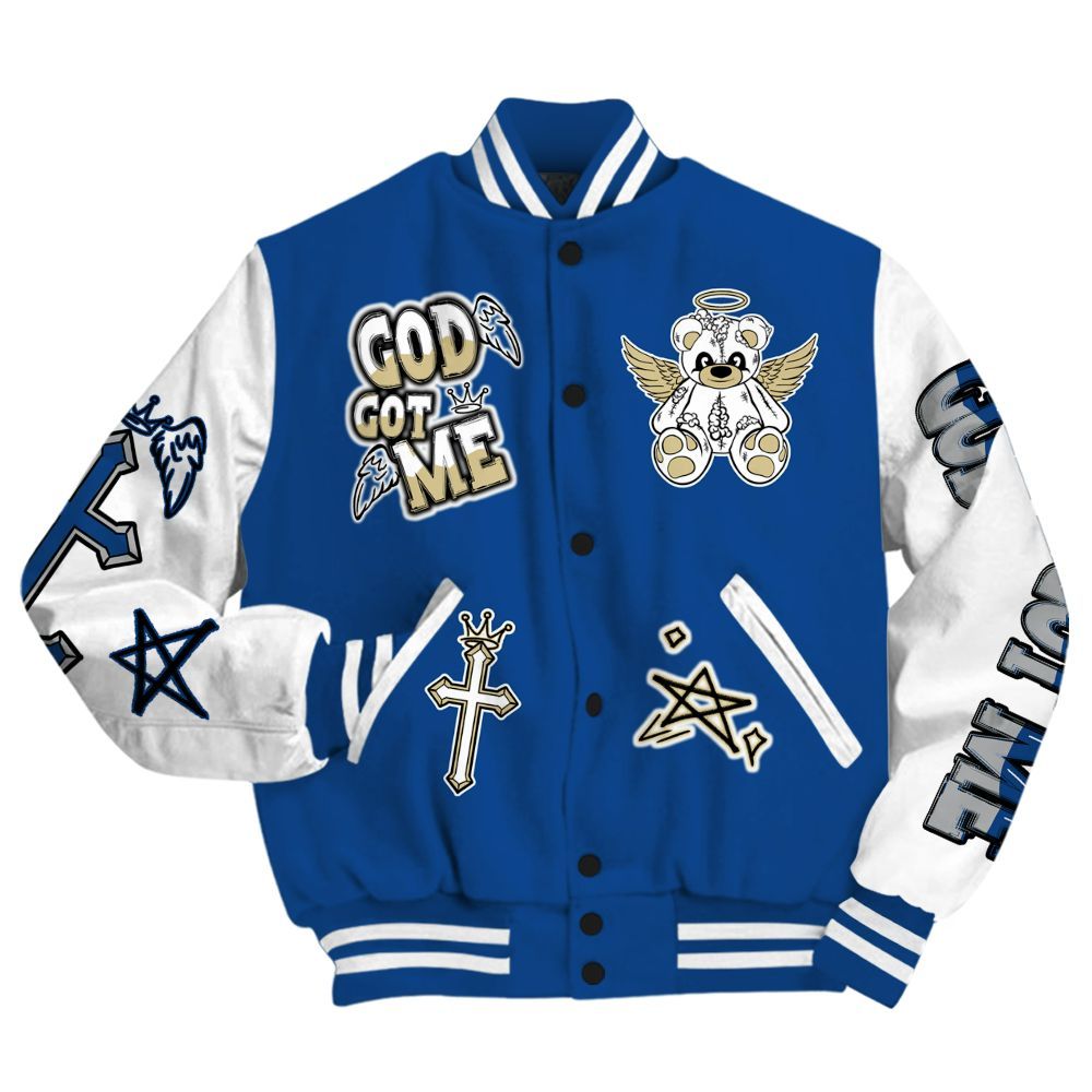 Varsity Jacket To Match Air Ship Royal Blue - Gods Guides Me Bear All Over Print