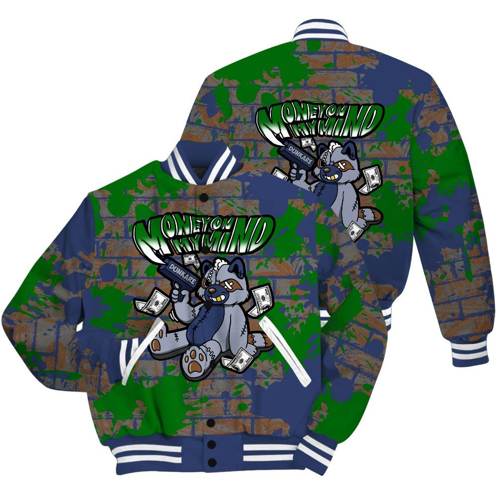Varsity Jacket To Match Midnight Navy 13s Shirt - Money On My Mind Raccoon Brick All Over Print