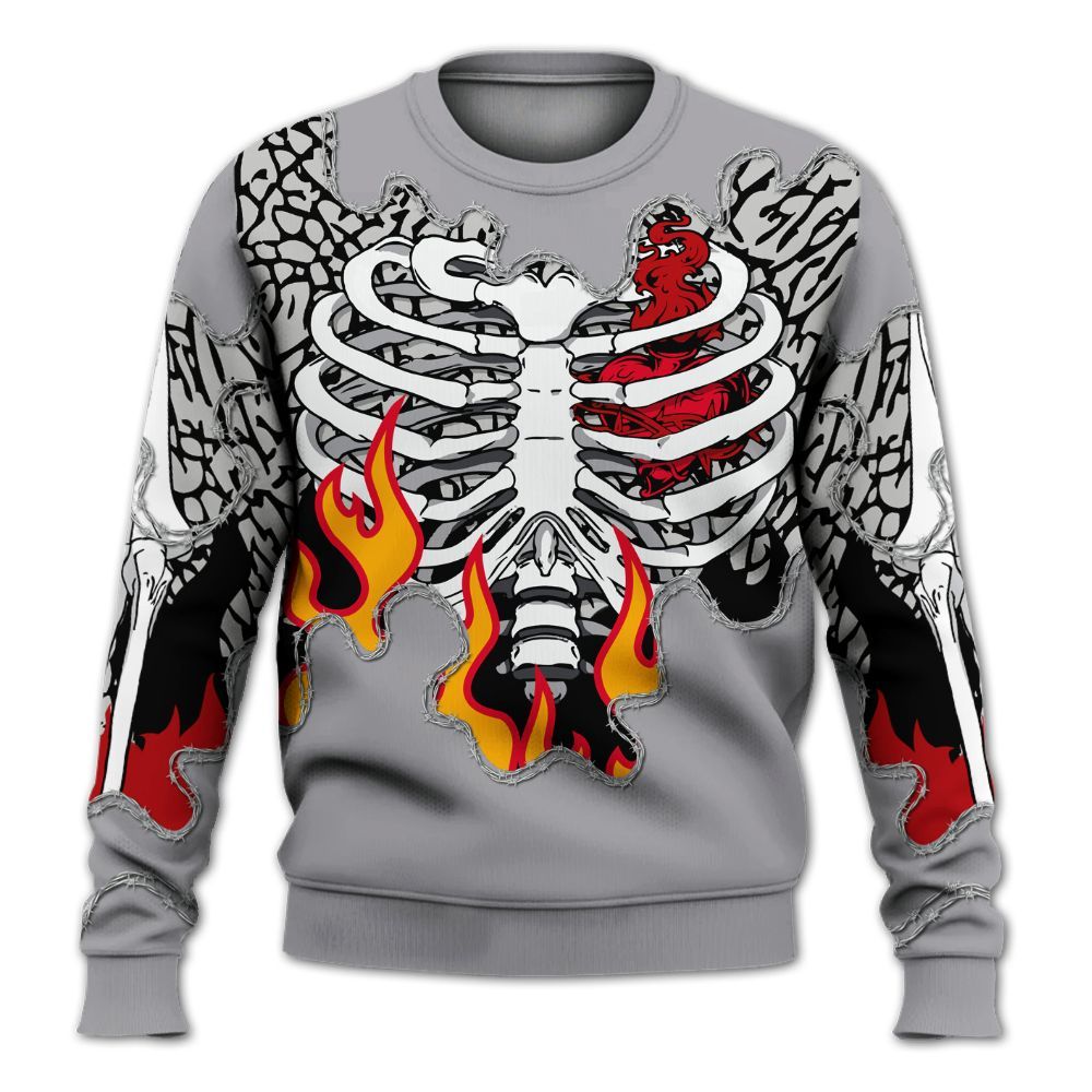 Sweatshirt To Match Cement Grey 3s - Skeleton Heart On Fire All Over Print