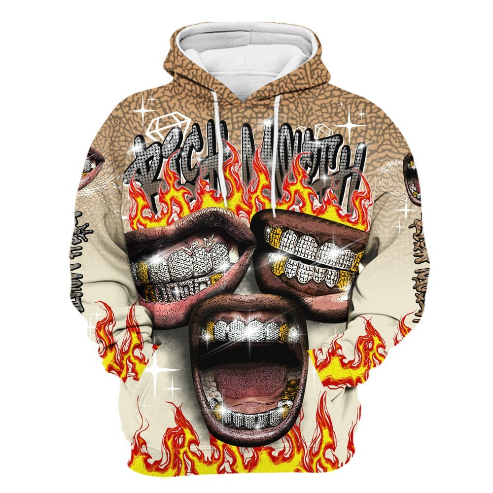 Hoodie To Match Orewood Brown 3s - Rich Mouth Fire Rap Retro 90s All Over Print
