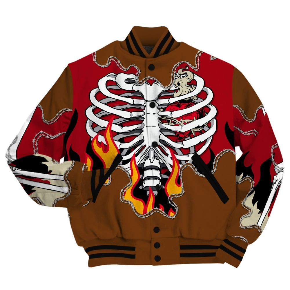 Varsity Jacket To Match Archaeo Brown 5s Shirt, Skeleton Heart On Fire All Over Print