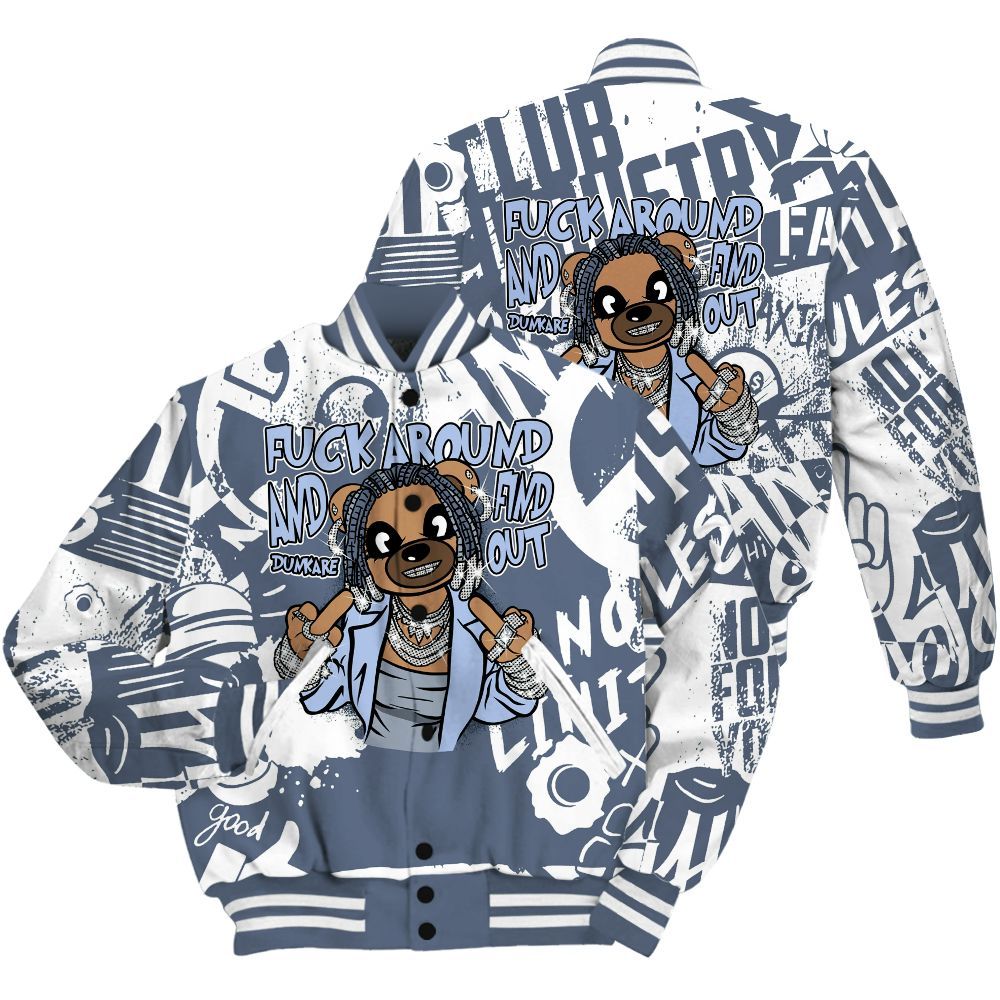 Varsity Jacket To Match Low Diffused Blue 11s Shirt - F#ck Around Bear Bear Monogram Graffiti All Over Print