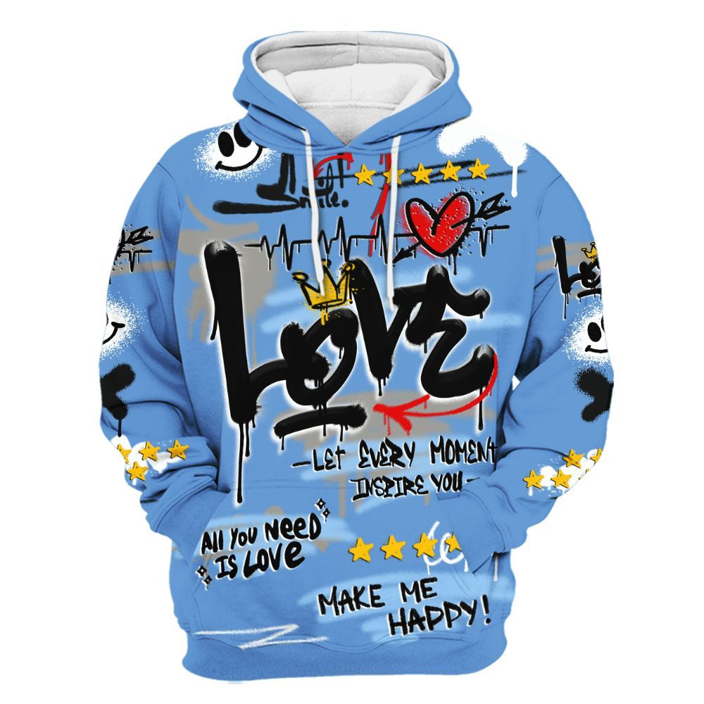 Hoodie To Match Black University Blue 5s - Happy Love Beats Graffiti Streetwear All Over Print