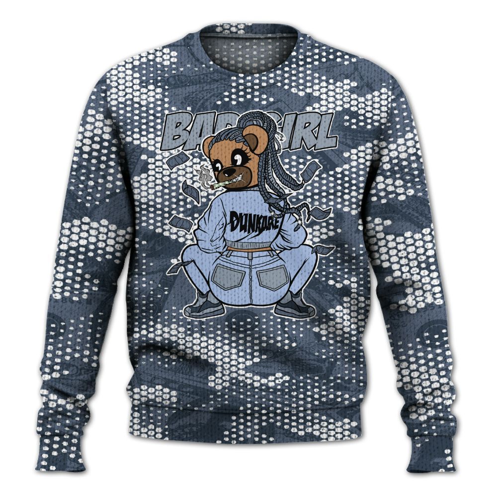 Knitted Sweater To Match Low Diffused Blue 11s - Rebellious Girl Bear Banknotes Art