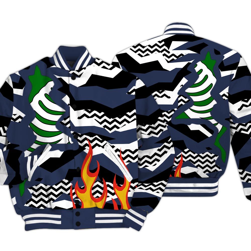 Varsity Jacket To Match Midnight Navy 13s - Retro Geometric Camouflage Flame Baseball Varsity Jacket Outfit