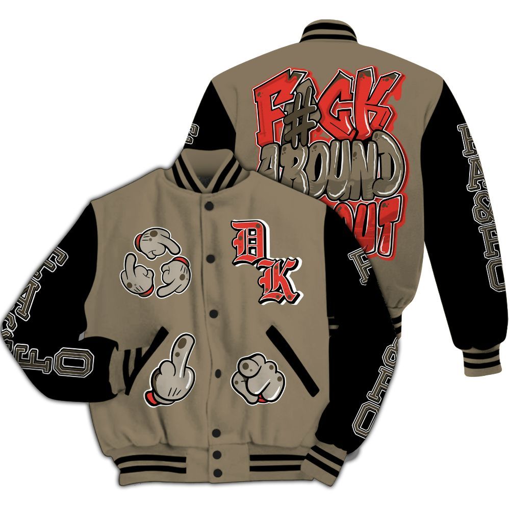 Varsity Jacket To Match Olive 9s - F Around Find Out Graphic All Over Print