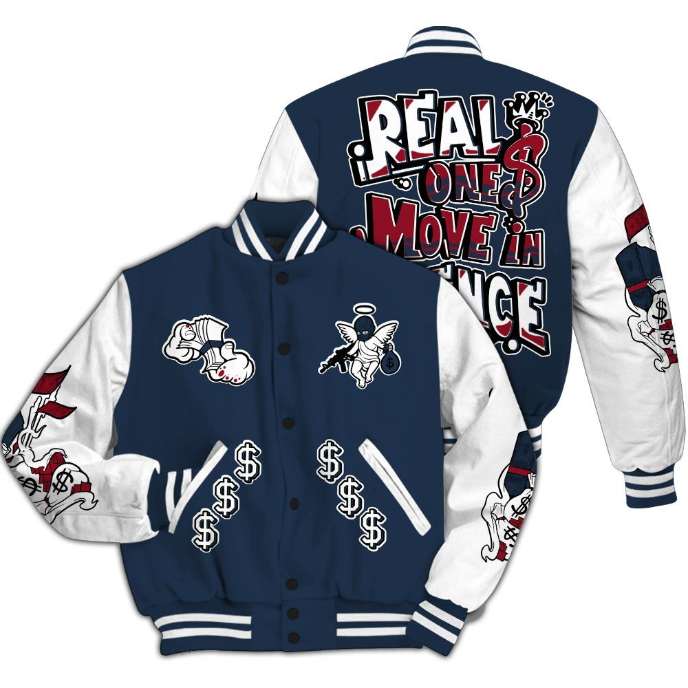 Varsity Jacket To Match White Midnight Navy 6s - Ones Move In Silence Graphic All Over Print