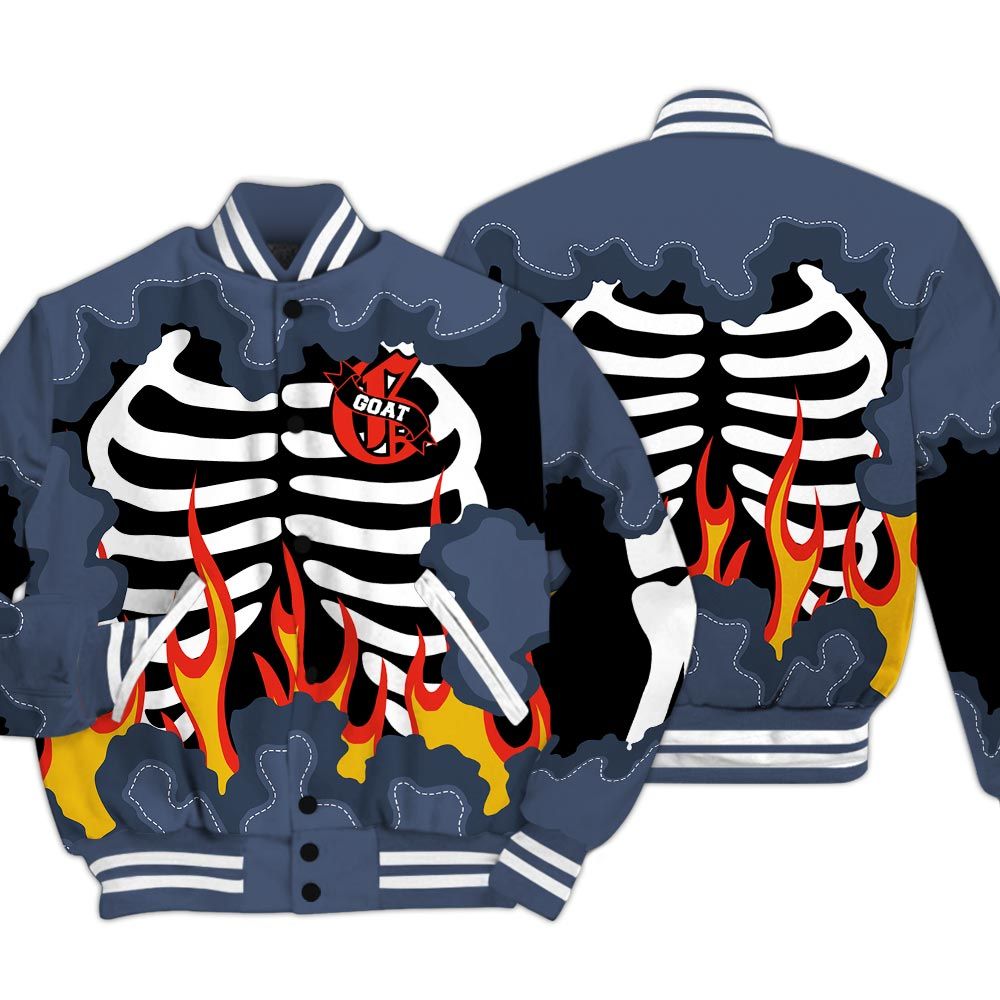 Varsity Jacket To Match Low Diffused Blue 11s - G.O.A.T 23 Skeleton Flame Baseball Varsity Jacket Outfit