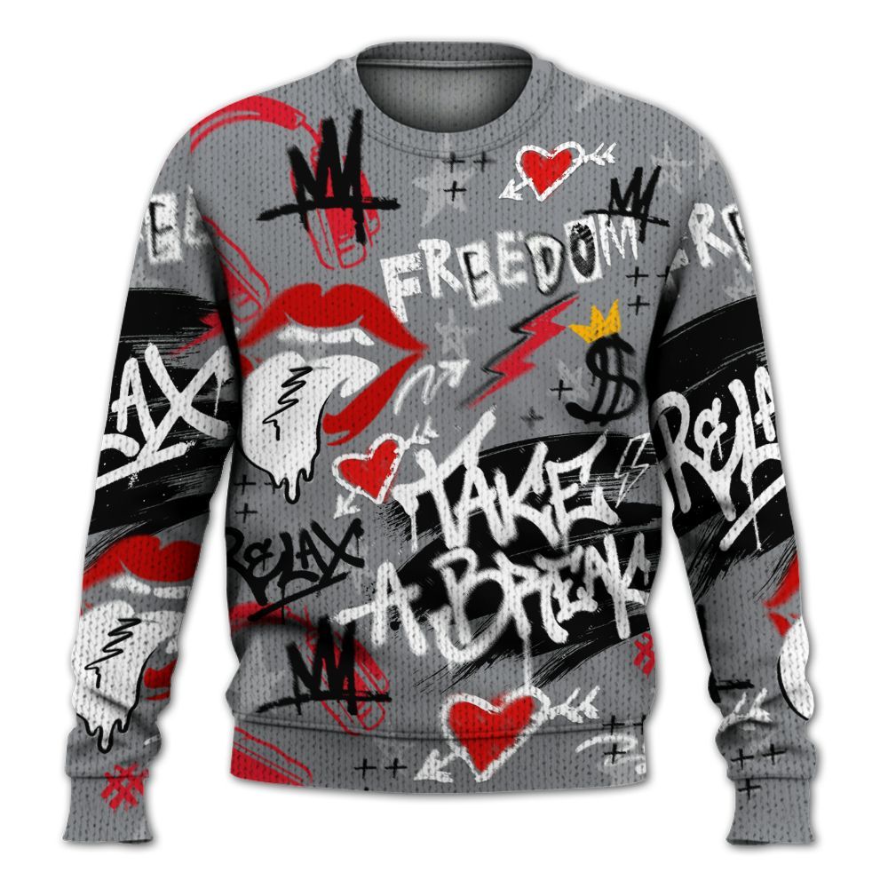 Knitted Sweater To Match Black Cement 3s - Take Break Freedom Graffiti Streetwear