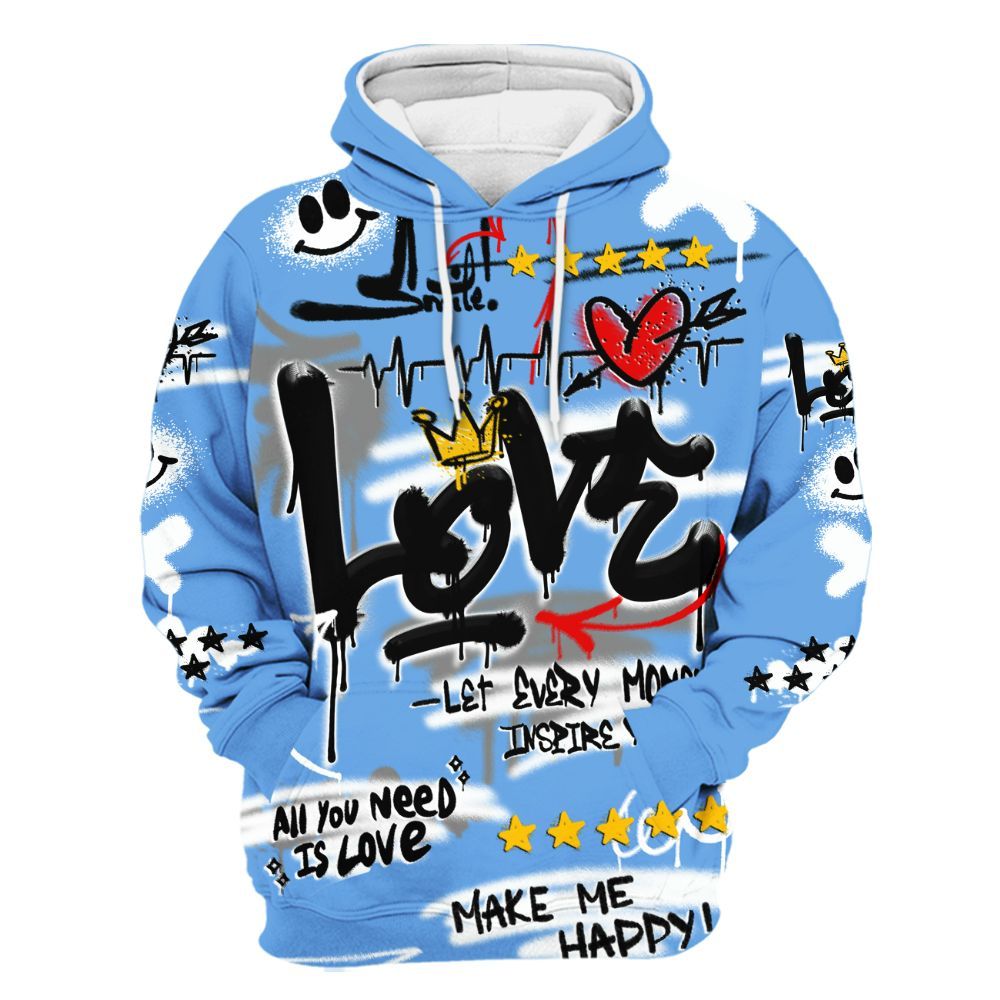 Hoodie To Match University Blue 6s - Happy Love Beats Graffiti Streetwear All Over Print