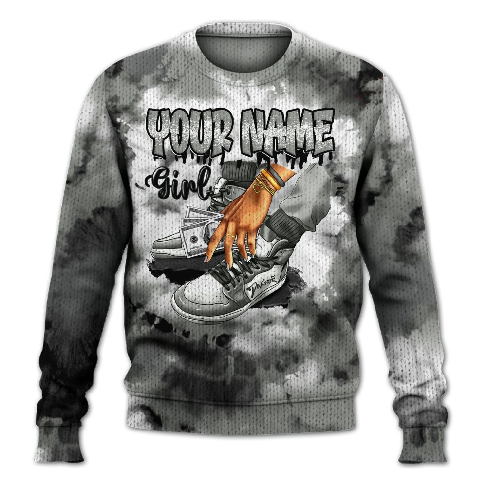 Knitted Sweater To Match Paris Cement Grey 4s - Custom Name SNEAKER Girl Money Drip Tie Dye