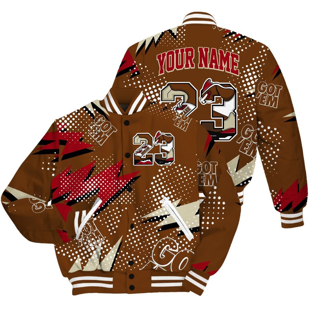 Varsity Jacket To Match Archaeo Brown 5s Shirt, Custom Name Number 23 5s All Over Print