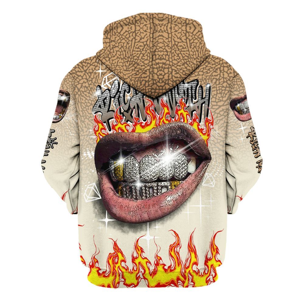 Hoodie To Match Orewood Brown 3s - Rich Mouth Fire Rap Retro 90s All Over Print