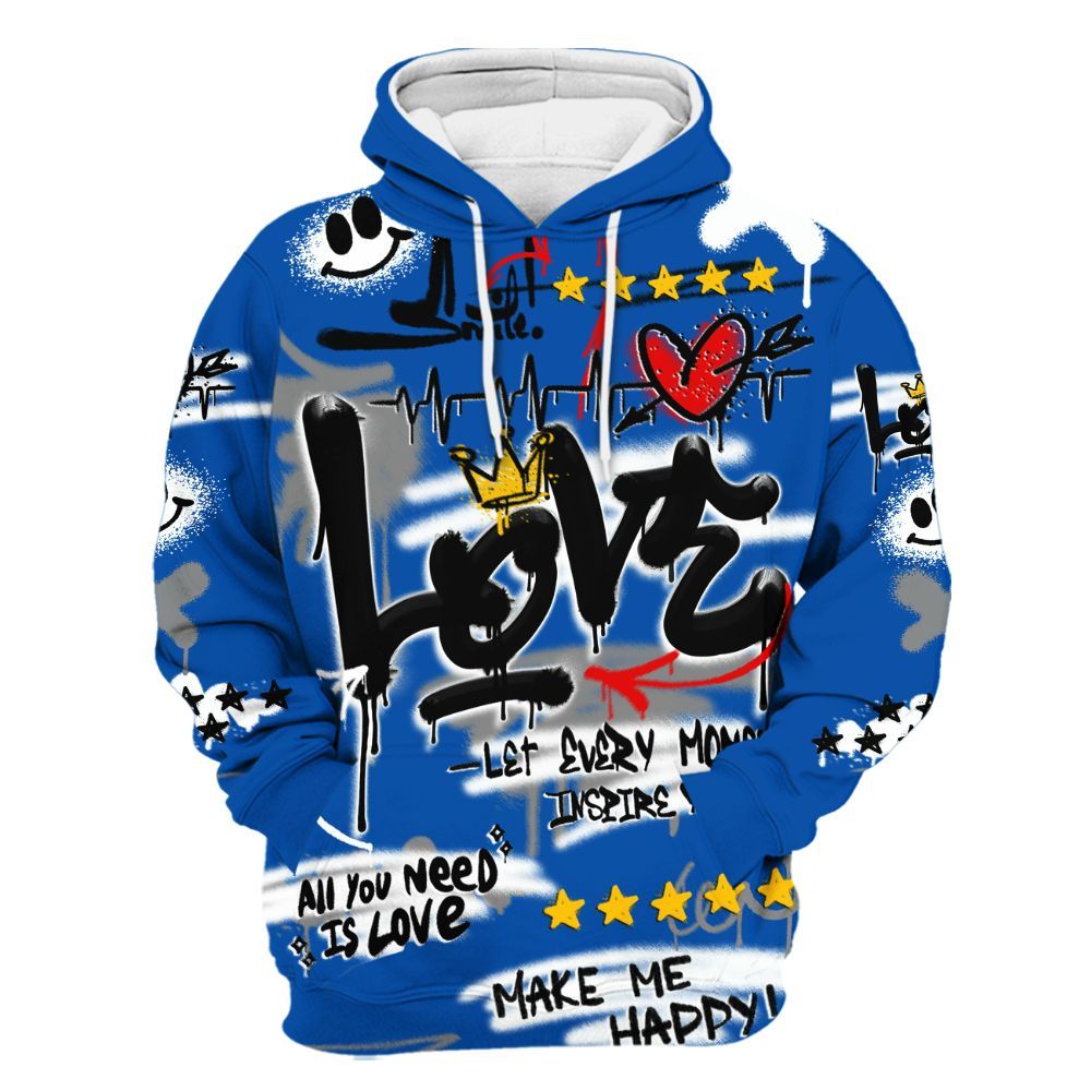 Hoodie To Match Racer Blue 5s - Happy Love Beats Graffiti Streetwear All Over Print