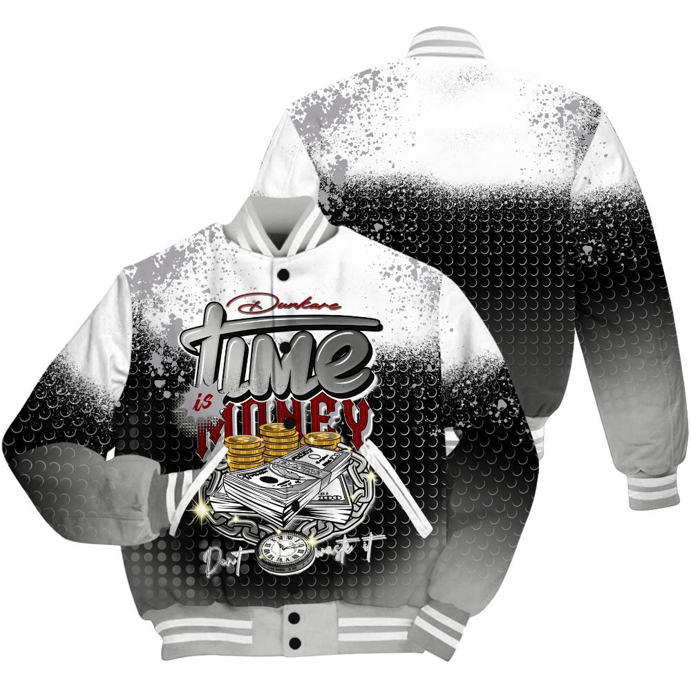 Varsity Jacket To Match Metallic Silver 14s Shirt, Halftone Time Is Money All Over Print