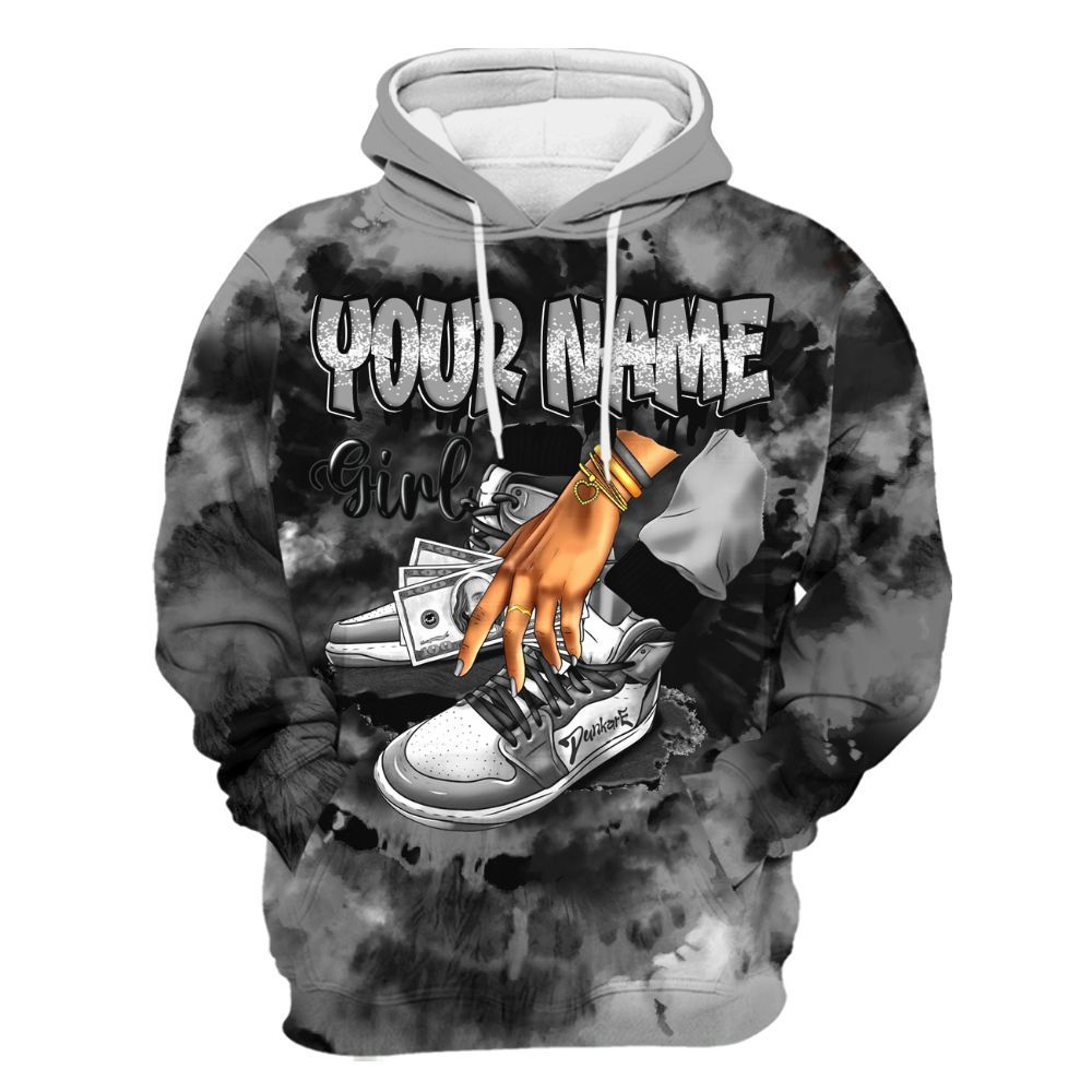 Hoodie To Match Black Wolf Grey 12s - Custom Name SNEAKER Girl Money Drip Tie Dye All Over Print