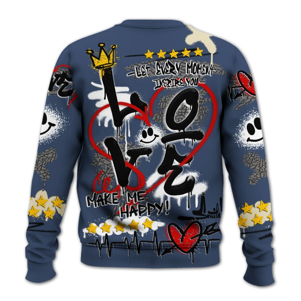 Sweatshirt To Match Diffused Blue 3s - Happy Love Beats Graffiti Streetwear All Over Print