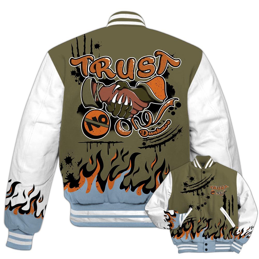 Varsity Jacket To Match Olive 5s - Graphic Trust No One Varsity Jacket Outfit