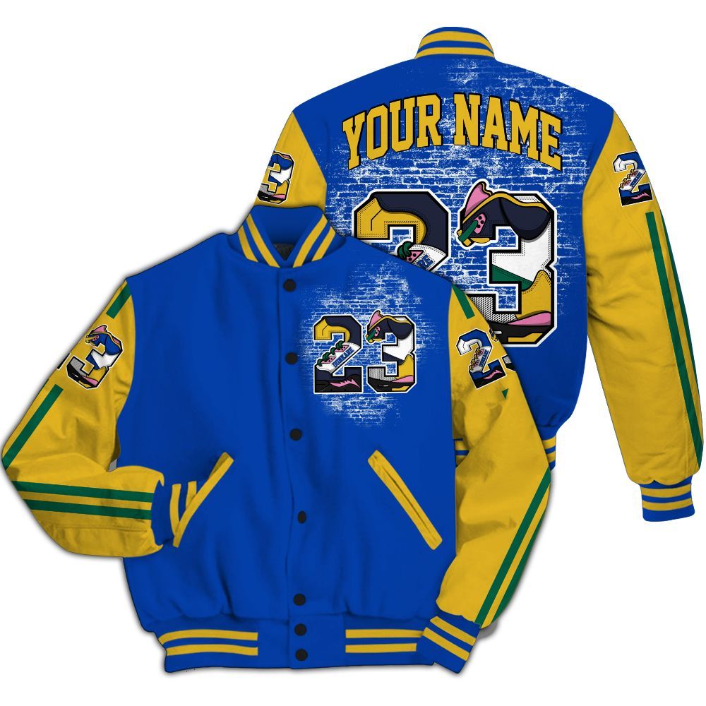 Varsity Jacket To Match Brazil Racer Blue Yellow 3s - Custom Name Number 23 5s All Over Print