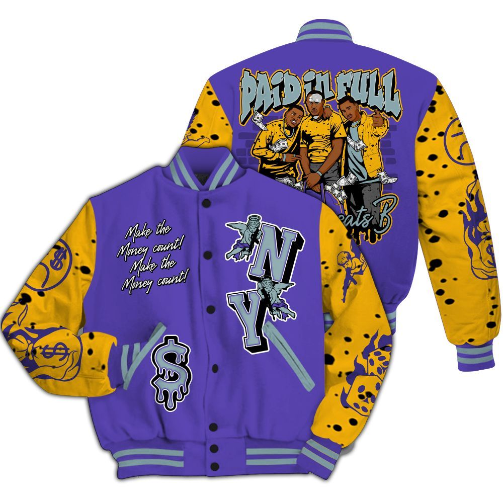 Varsity Jacket To Match Imperial Purple 4s - Paid In Full Money Graphic Varsity Jacket All Over Print