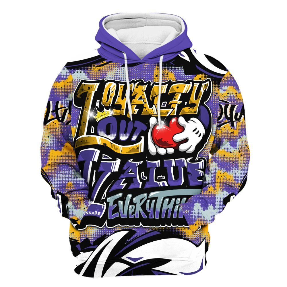 Hoodie To Match Imperial Purple 4s - Loyalty Out Value Graffiti All Over Print