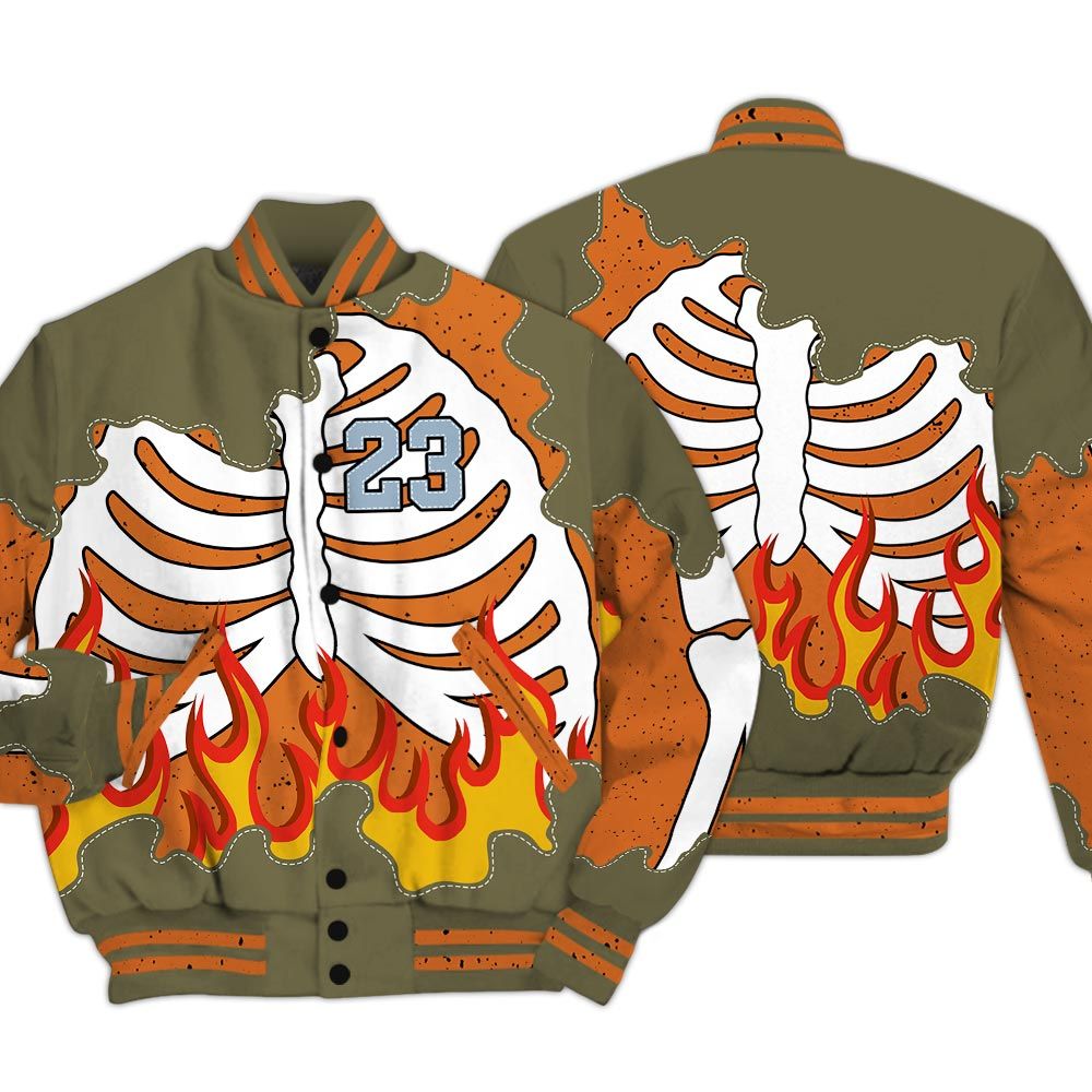 Varsity Jacket To Match Olive 5s - Number 23 Skeleton Flame Baseball Varsity Jacket