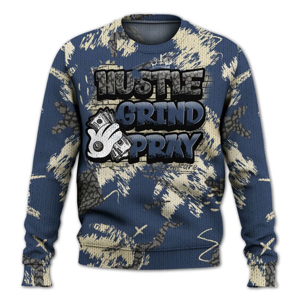Knitted Sweater To Match Diffused Blue 3s - Hustle Grind Pray Retro