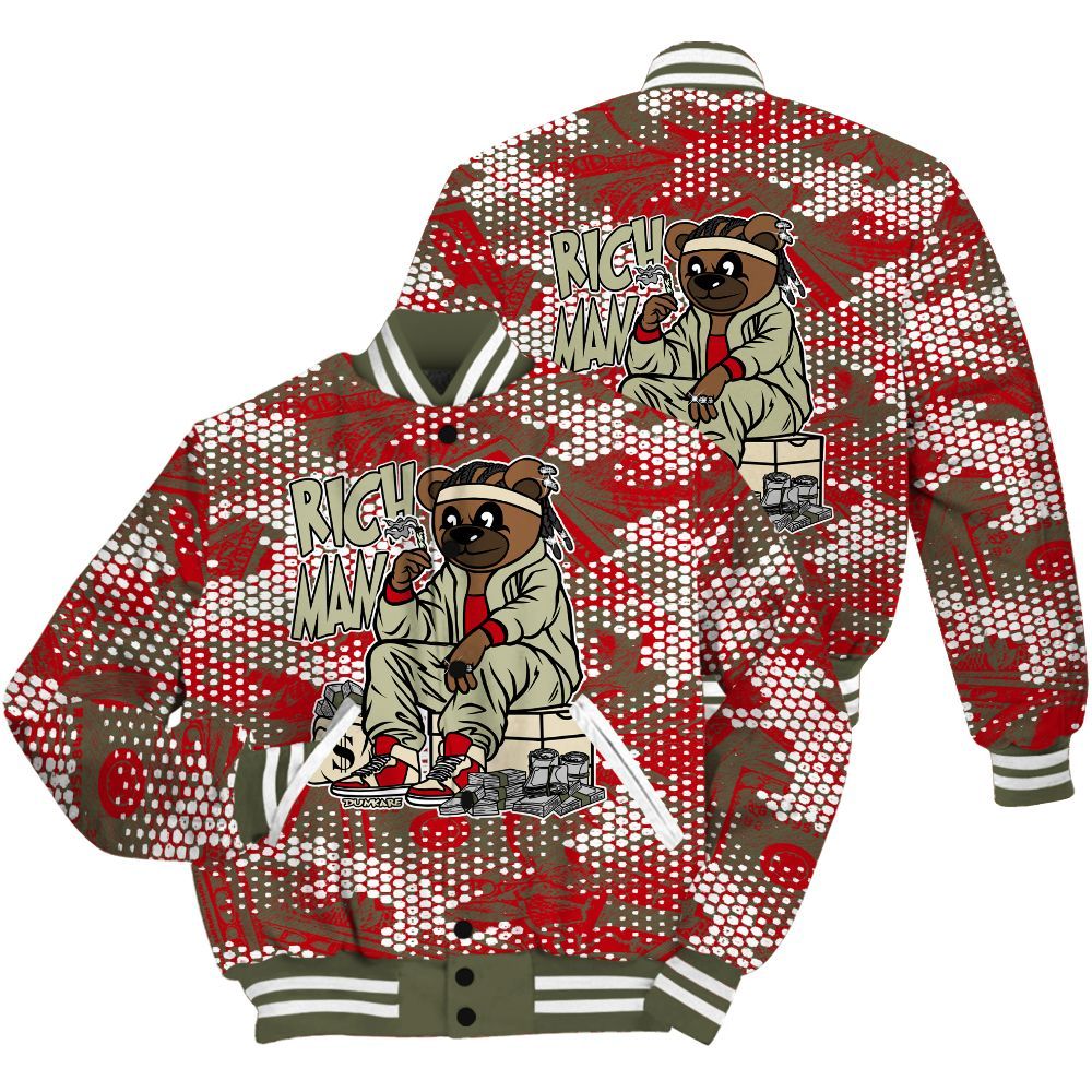 Varsity Jacket To Match Low OG Medium Olive 1s Shirt - Rich Man Bear Banknotes Art All Over Print