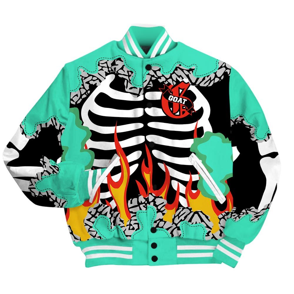 Varsity Jacket To Match Black Green Glow 3s - G.O.A.T 23 Skeleton Flame Baseball Varsity Jacket Green Glow 3s Outfit