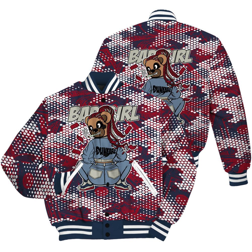 Varsity Jacket To Match Navy Blue 2024 6s Shirt - Rebellious Girl Bear Banknotes Art All Over Print
