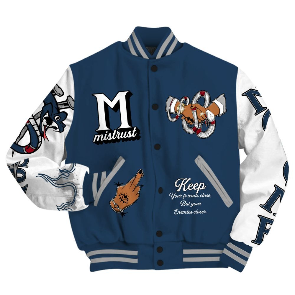 Varsity Jacket To Match Retro French Blue 2025 12s - Trust No One Snake-Bite Street Style All Over Print