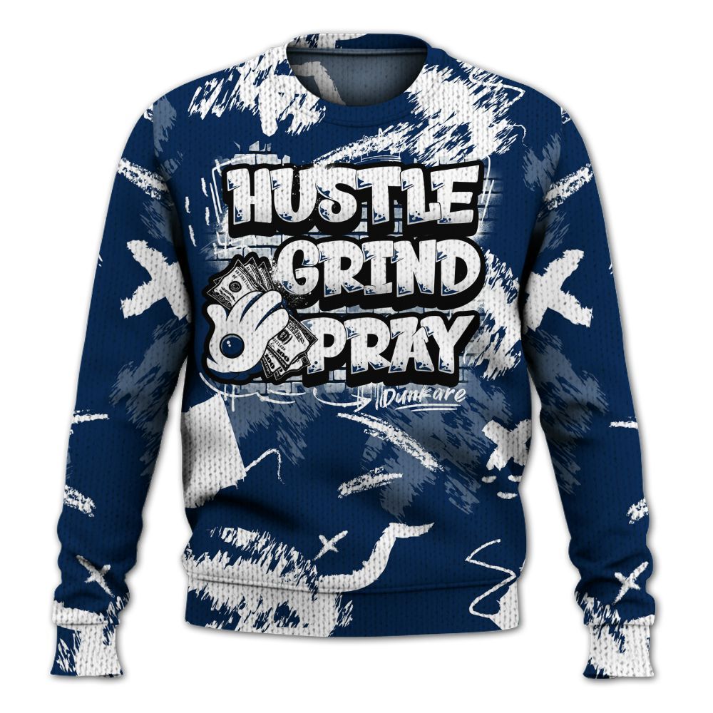 Knitted Sweater To Match SB White Navy 4s - Hustle Grind Pray Retro